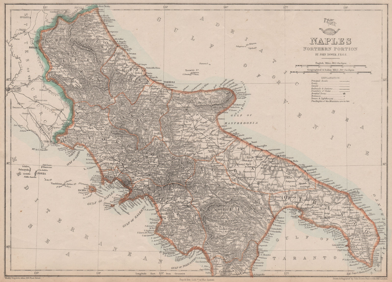 KINGDOM OF NAPLES/TWO SICILIES North. Southern Italy. DOWER. Dispatch 1863 map