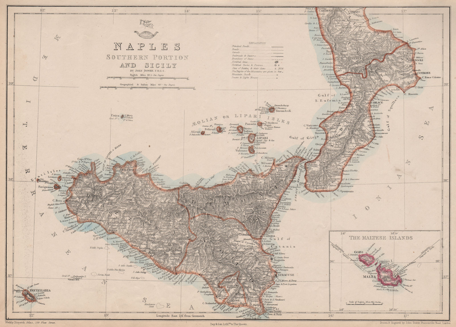 KINGDOM OF NAPLES/TWO SICILIES South. Sicily Malta Italy. DOWER 1863 old map
