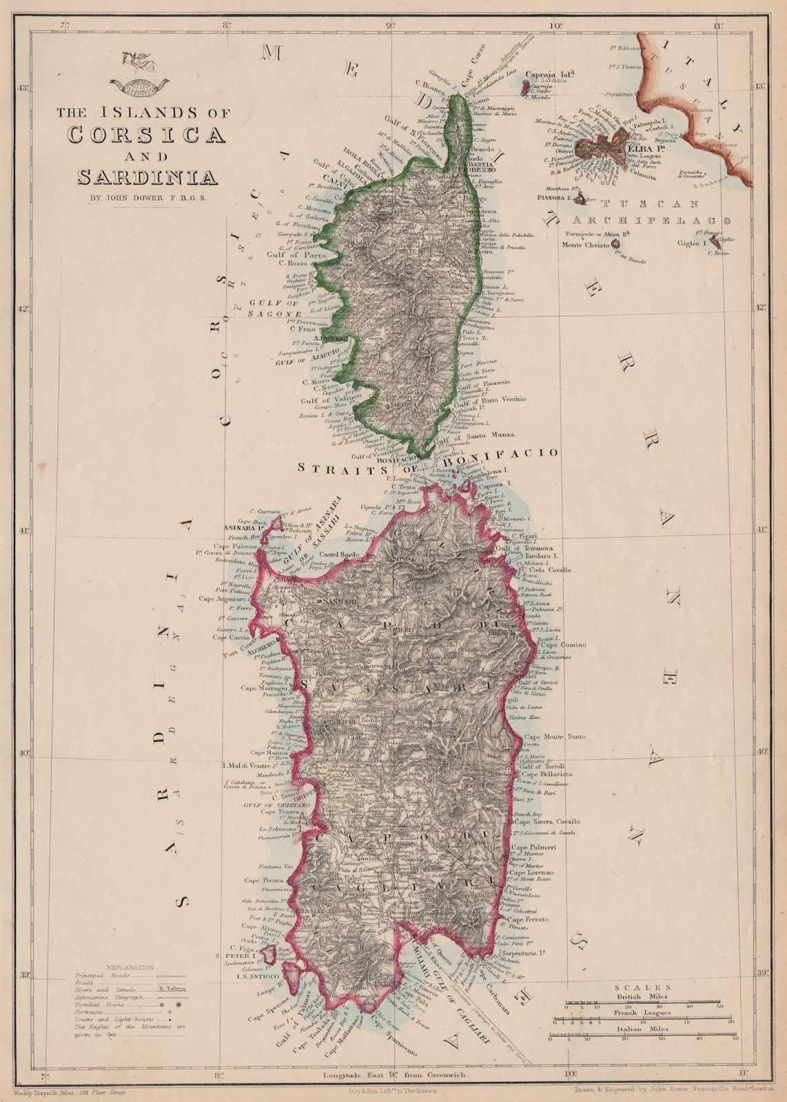 Associate Product 'The Islands of Corsica & Sardinia'. Elba. JOHN DOWER. Dispatch Atlas 1863 map
