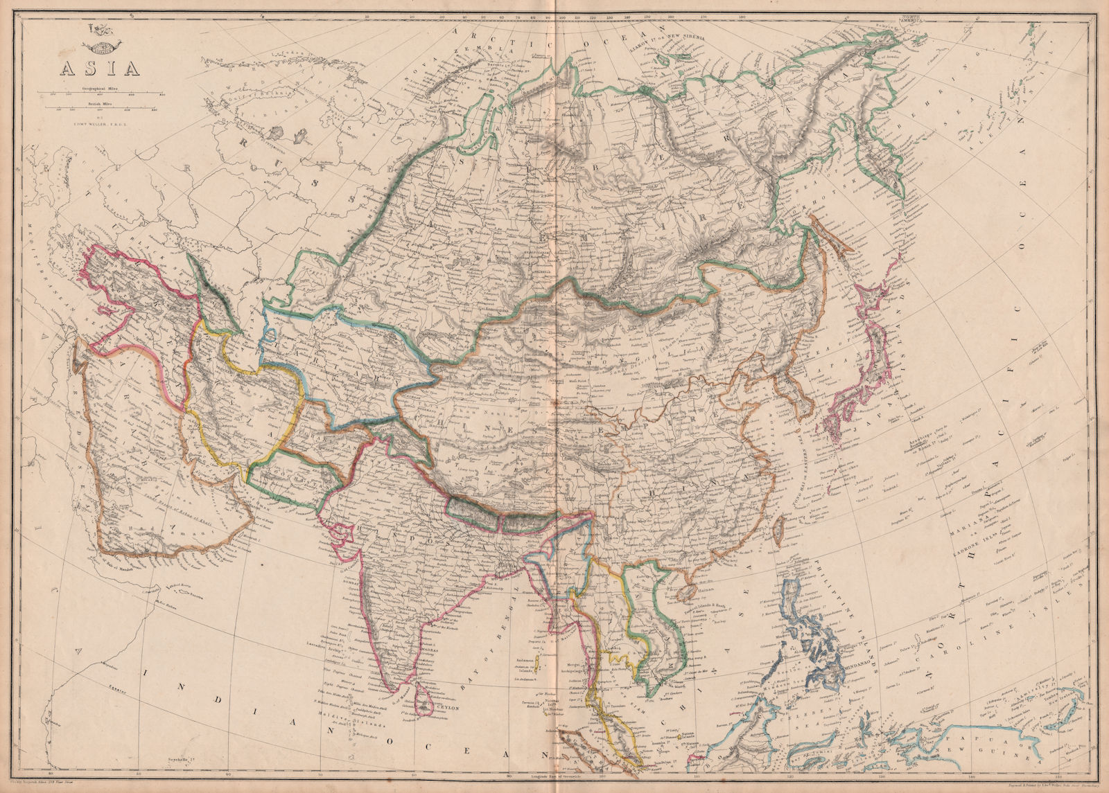 ASIA w/ Great Wall of China. Tartary Siam Anam.Sarawak Kingdom. WELLER 1863 map