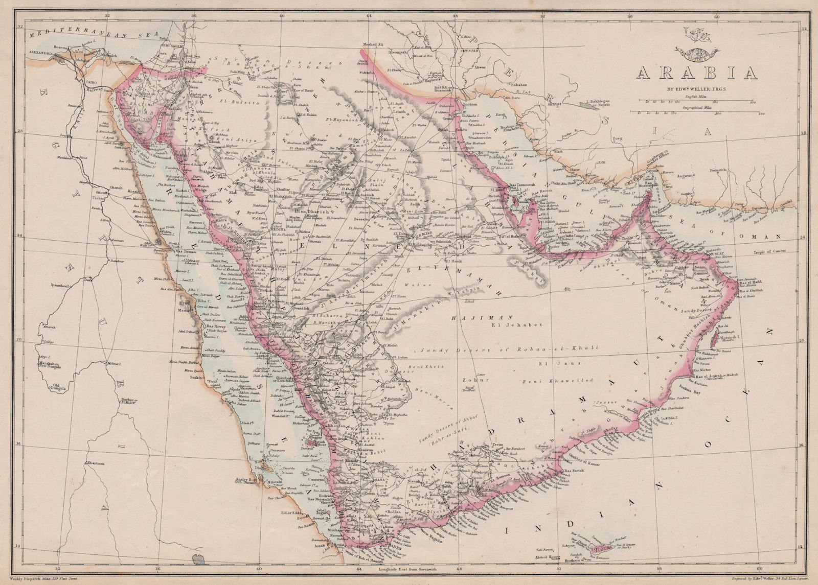 ARABIA. Hajj route.'Debai'/Dubai 'Abou-Thubbi'/Abu Dhabi Sharja.WELLER 1863 map
