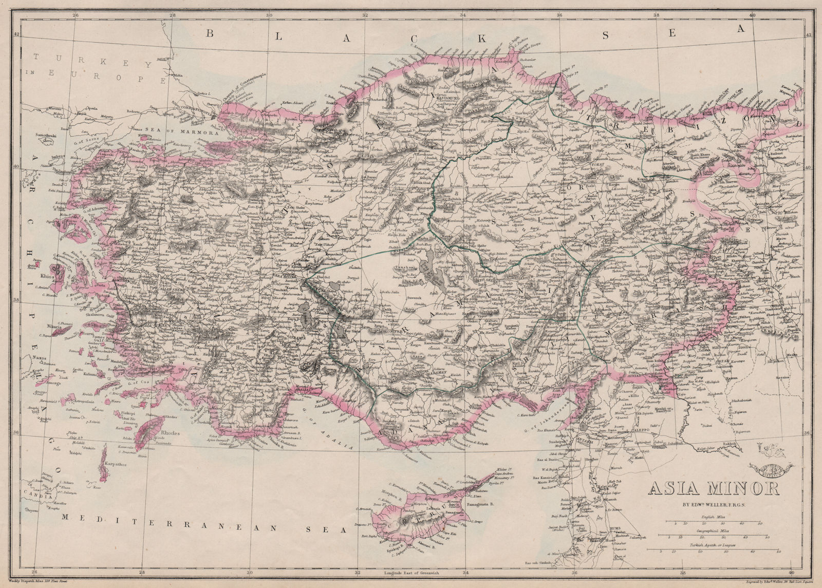 Associate Product ASIA MINOR. Turkey Anatolia. Shows Smyrna/Izmir-Aydin railway. WELLER 1863 map
