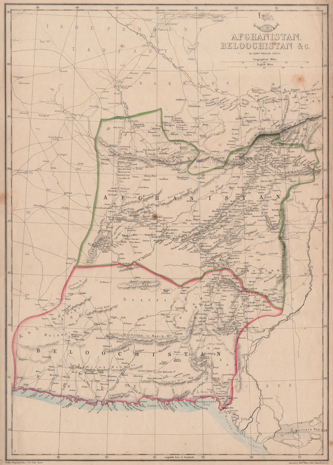 AFGHANISTAN & BELOOCHISTAN. Pakistan. Kabul Karachi Quetta. WELLER 1863 map