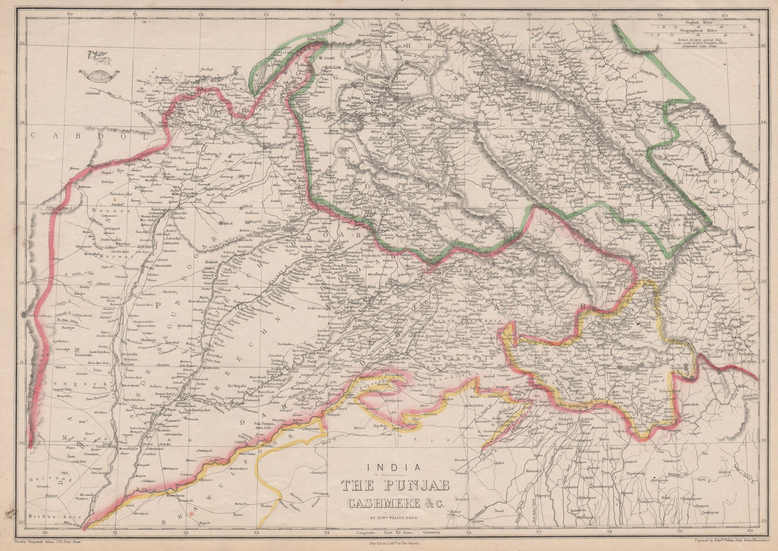 BRITISH INDIA. 'The Punjab Cashmere &c.' Kasmir. Pakistan. WELLER 1863 old map