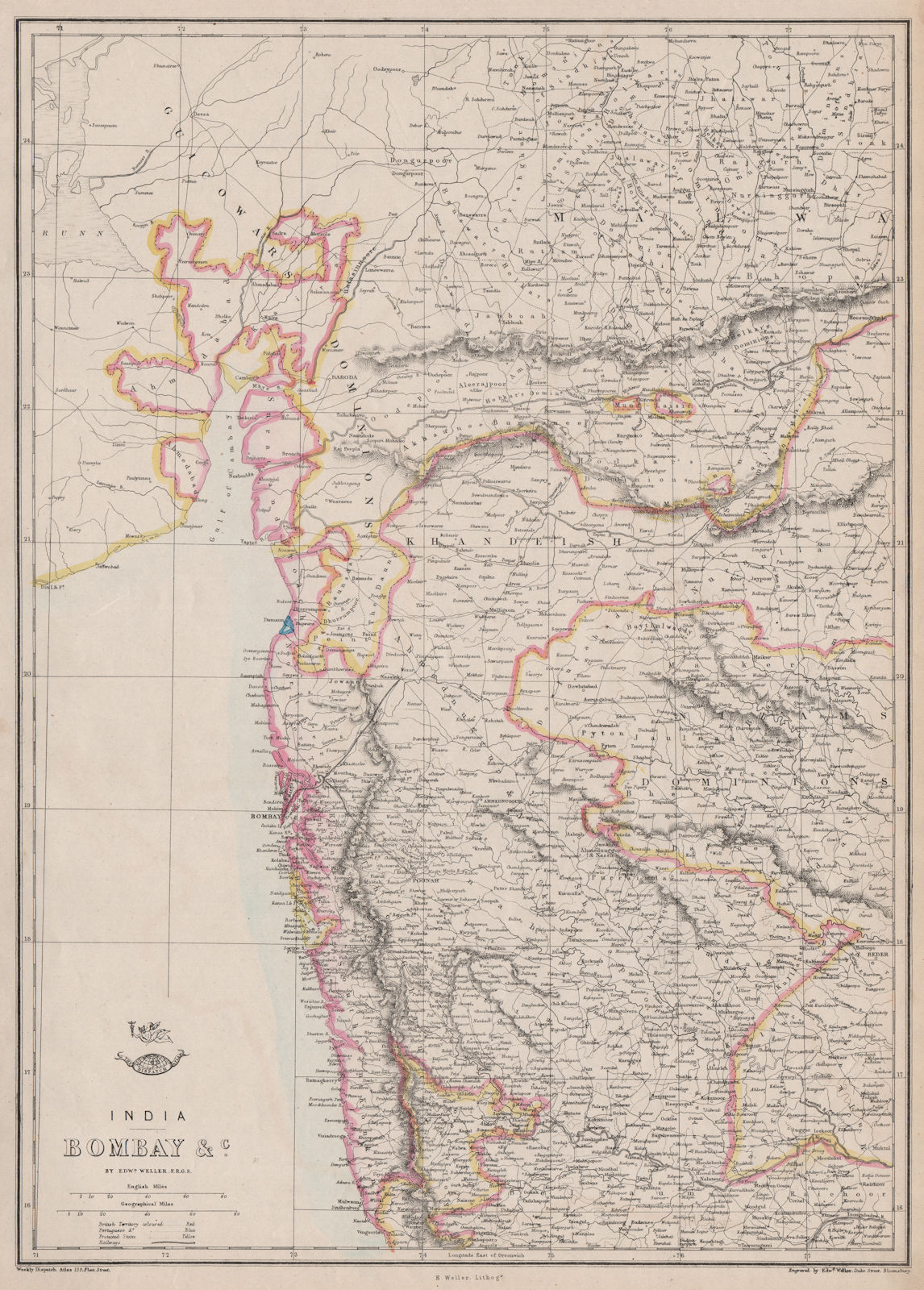Associate Product BRITISH INDIA. 'Bombay' -Nassick/Pune railways. Western Ghats. WELLER 1863 map