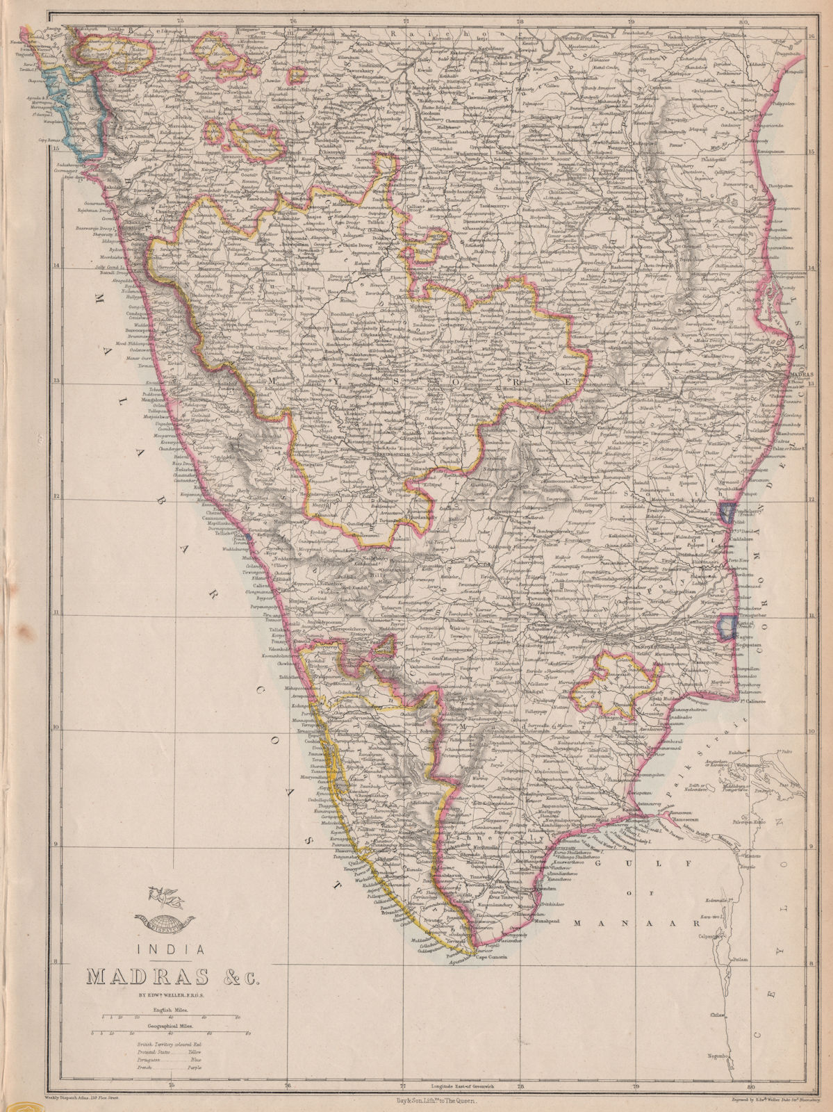 Associate Product BRITISH INDIA 'Madras'. Malabar/Coromandel coasts. Goa Karikal. WELLER 1863 map