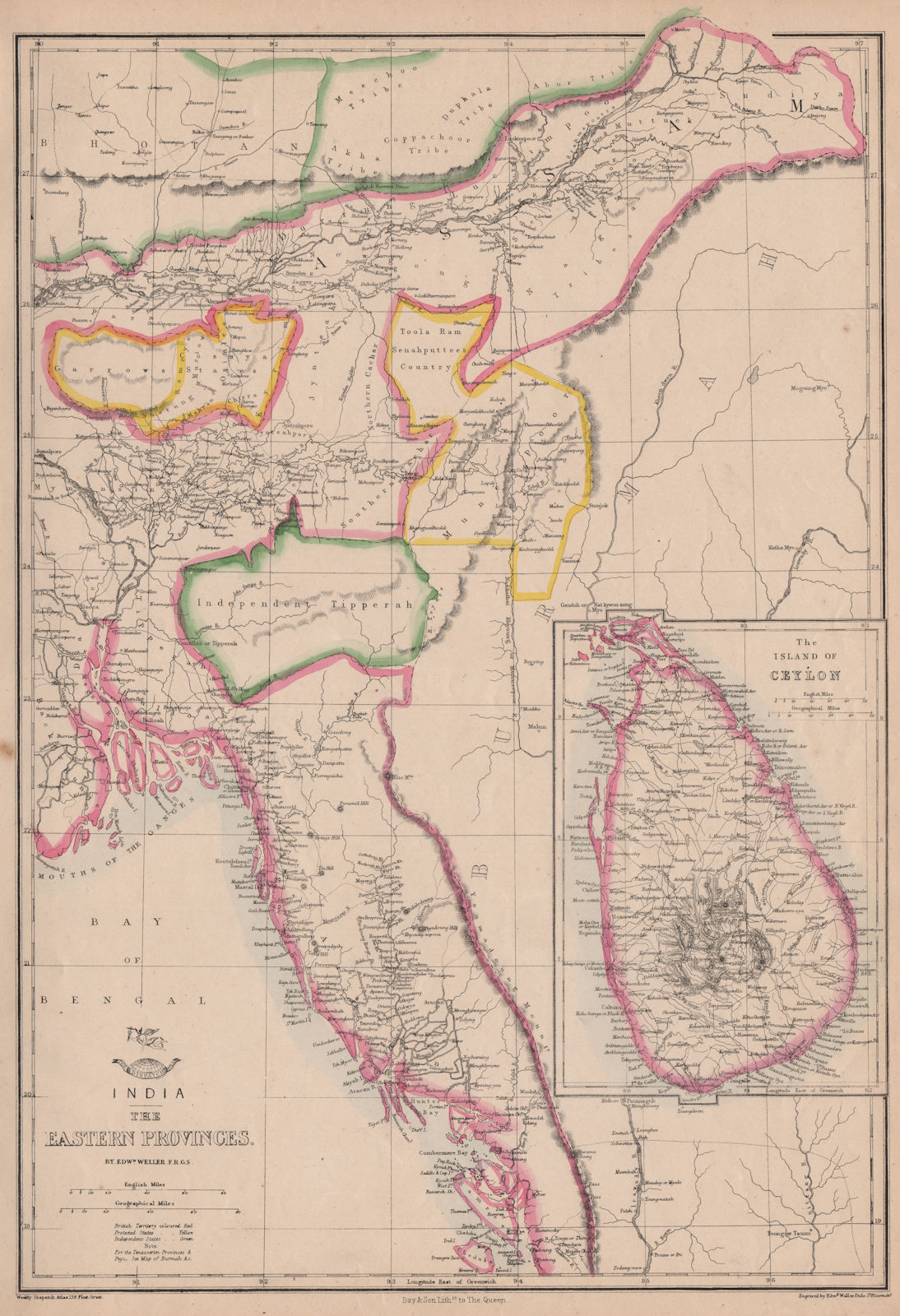 Associate Product BRITISH INDIA 'Eastern Provinces'. Ceylon Burmah Tipperah. WELLER 1863 old map