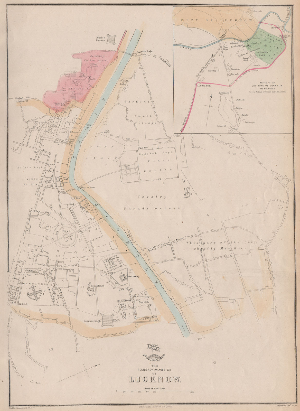 Associate Product LUCKNOW RESIDENCY & PALACES. Town plan.Shows Campbell's Advance.WELLER 1863 map