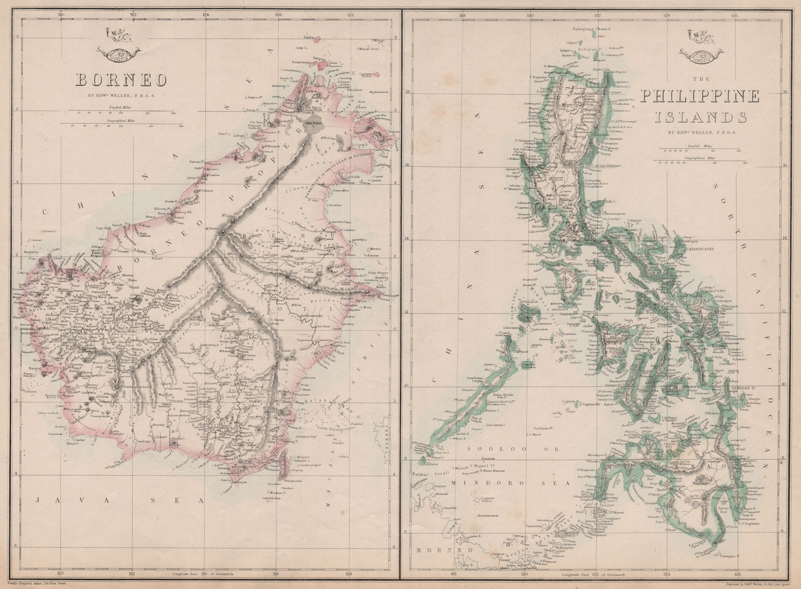 BORNEO & THE PHILIPPINE ISLANDS. East Indies. Manila Zebu/Cebu. WELLER 1863 map
