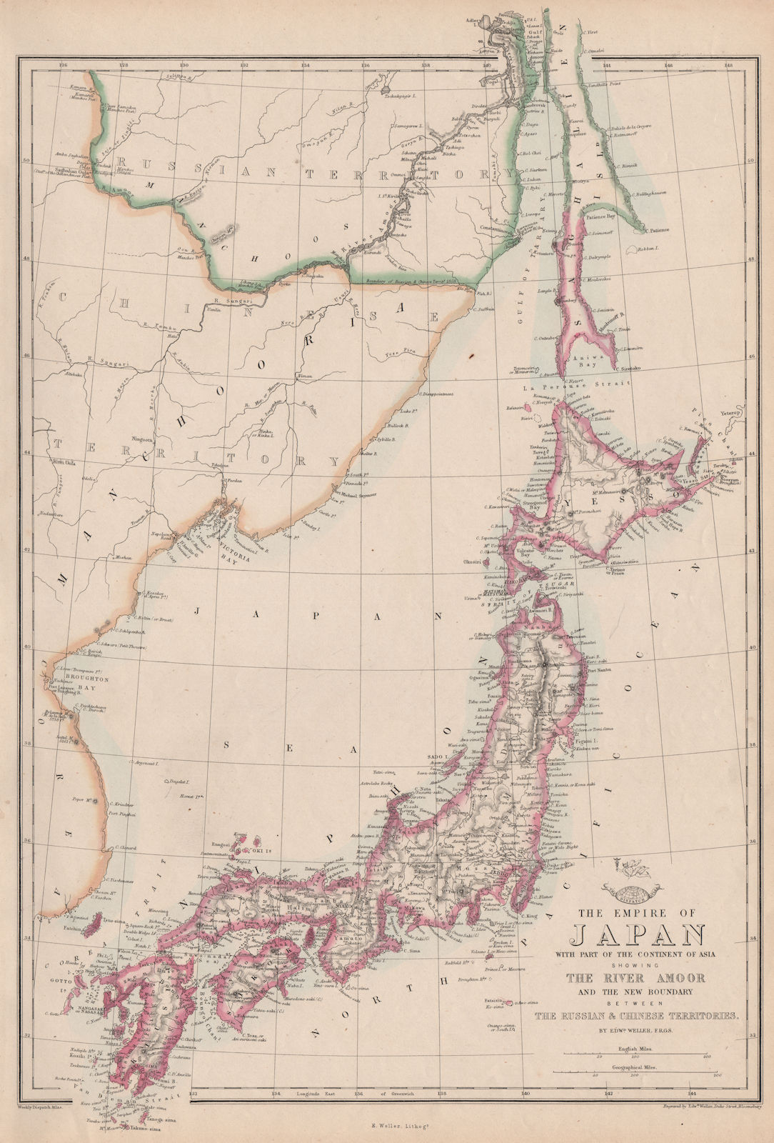 EMPIRE OF JAPAN w/ Sakhalin.River Amur.1858 Russia/China border.WELLER 1863 map