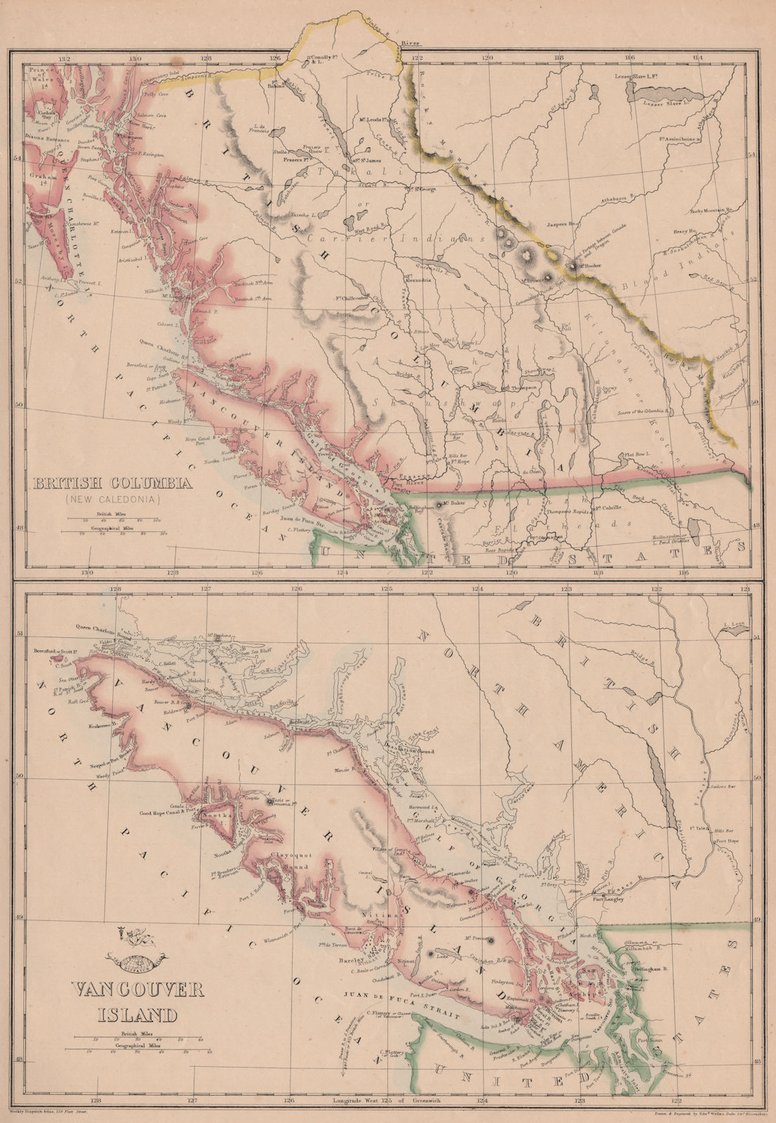 BRITISH COLUMBIA NEW CALEDONIA VANCOUVER ISLAND. San Juan arch. WELLER 1863 map