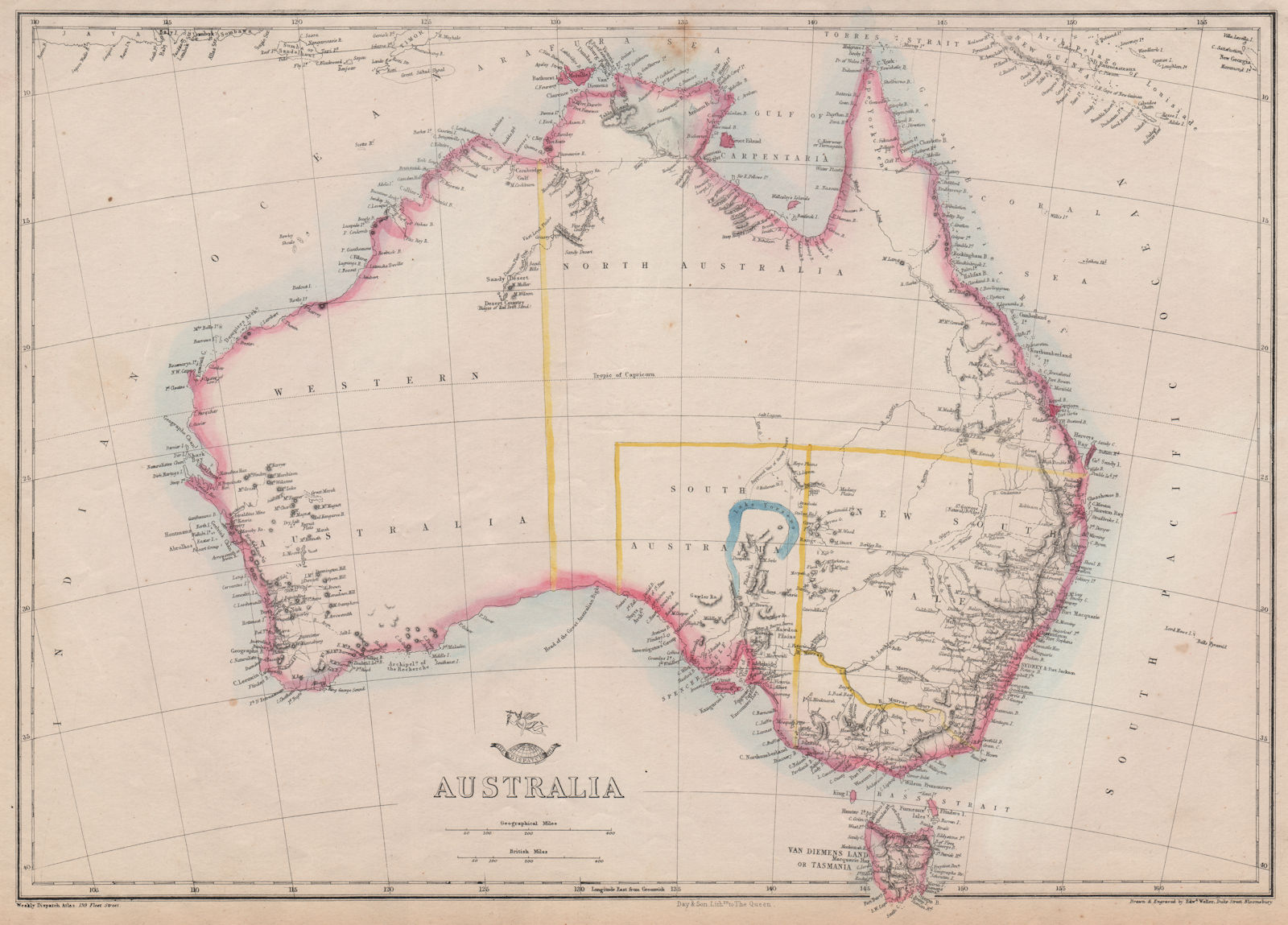AUSTRALIA showing 1856 states pre-Queensland 'North Australia'. WELLER 1863 map