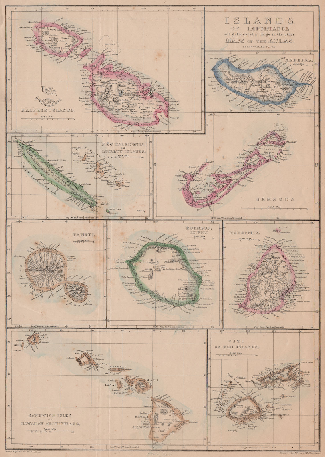 Associate Product ISLANDS. Malta Madeira Bermuda Reunion Hawaii Tahiti Mauritius. WELLER 1863 map