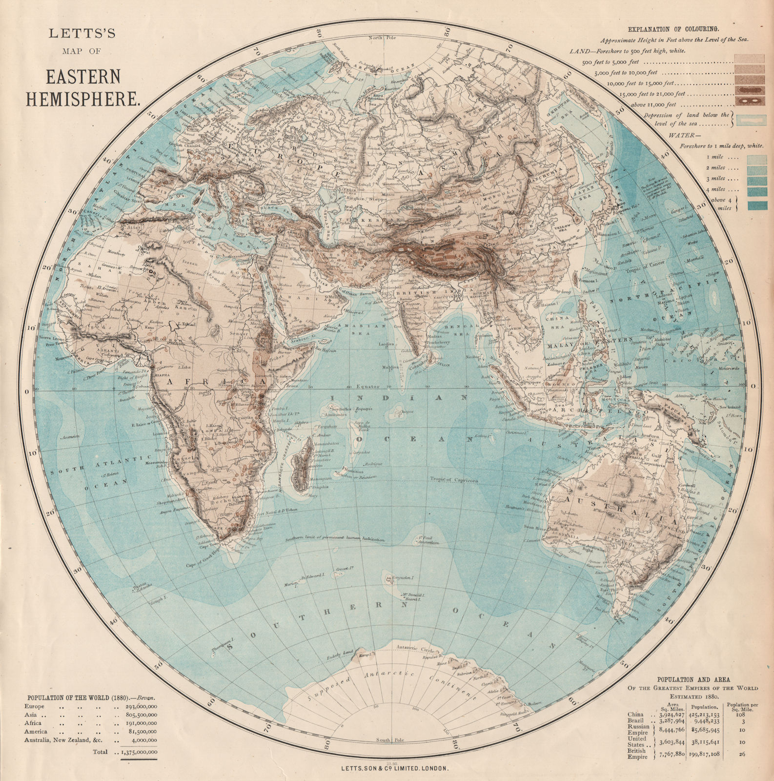 EASTERN HEMISPHERE relief. Europe Africa Asia Australia. LETTS 1889 old map