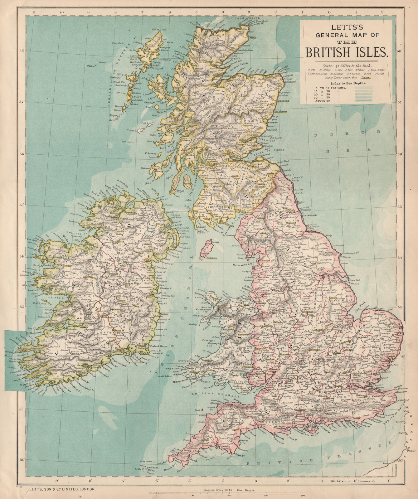 BRITISH ISLES. United Kingdom. Ireland. Counties towns rivers. LETTS 1889 map