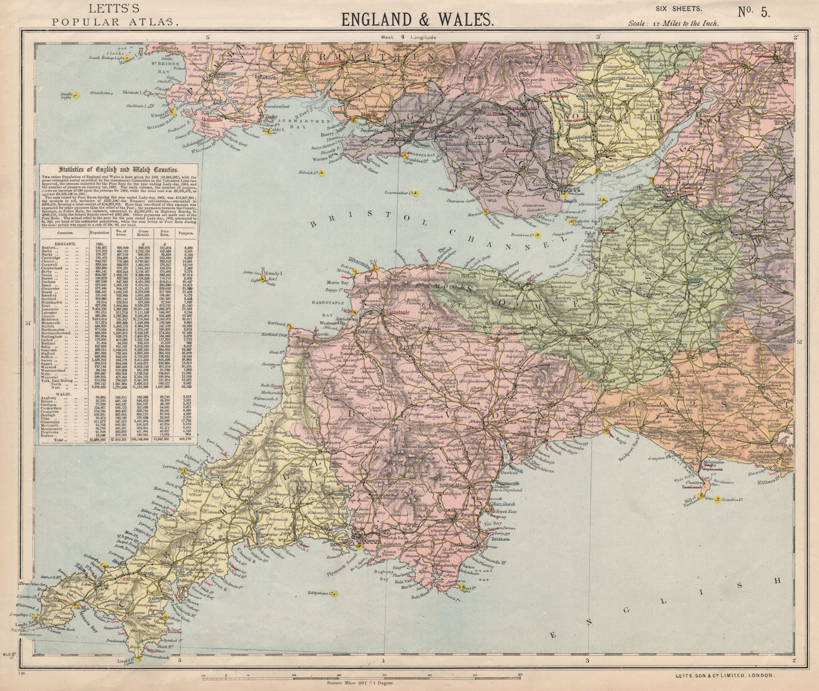 Associate Product SOUTH WEST ENGLAND & SOUTH WALES. Lighthouses. Bristol Channel. LETTS 1889 map