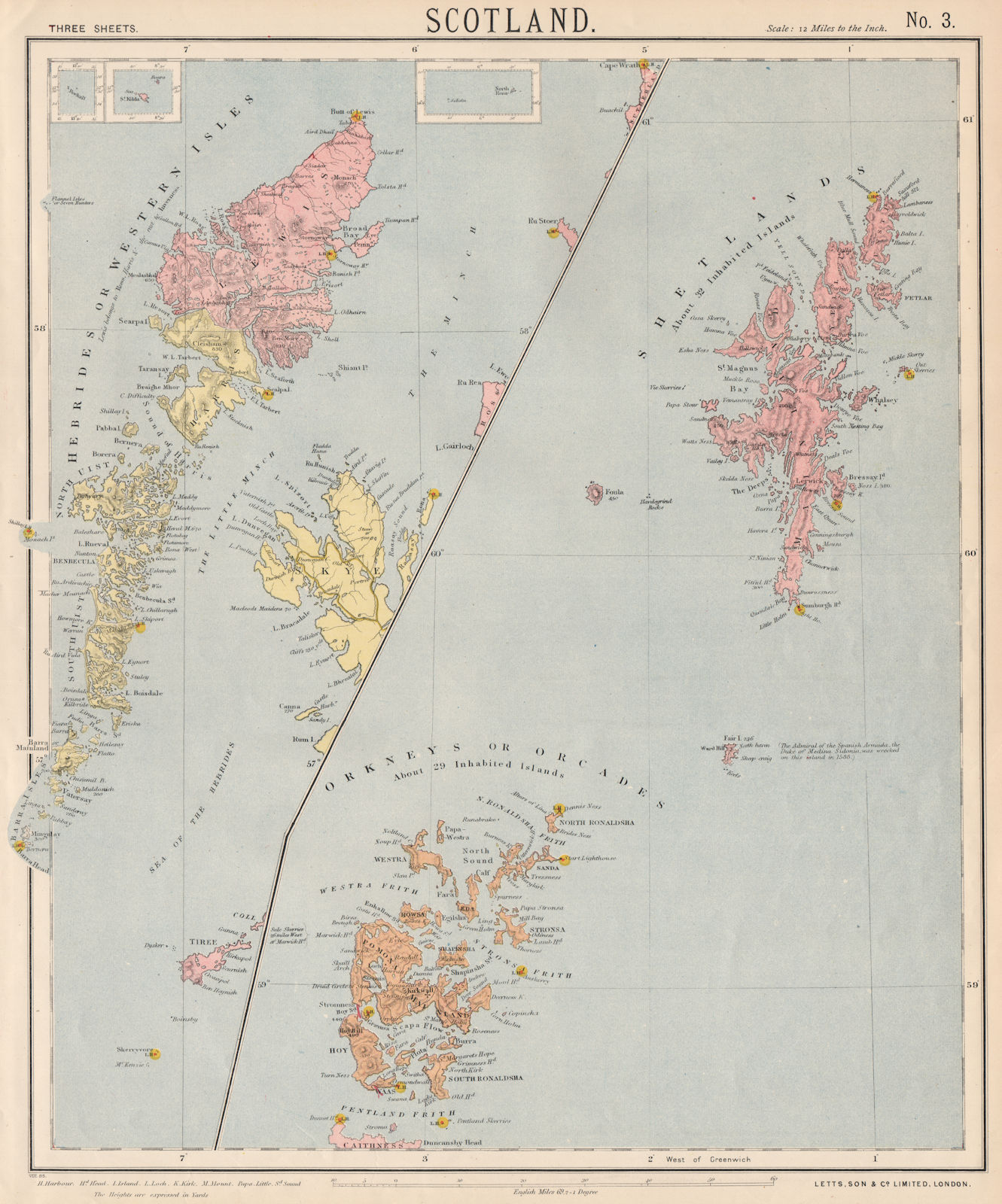 SCOTLAND ISLANDS. Western Isles Orkneys Shetlands Outer Hebrides. LETTS 1889 map