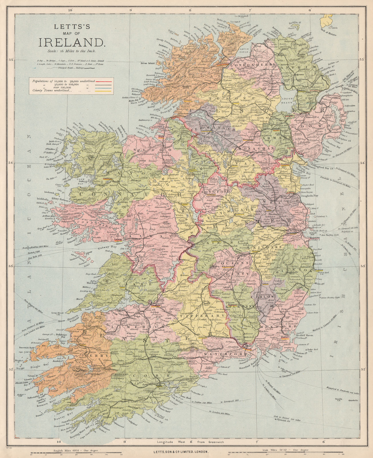 Associate Product IRELAND. Showing roads, railways, counties & provinces. LETTS 1889 old map