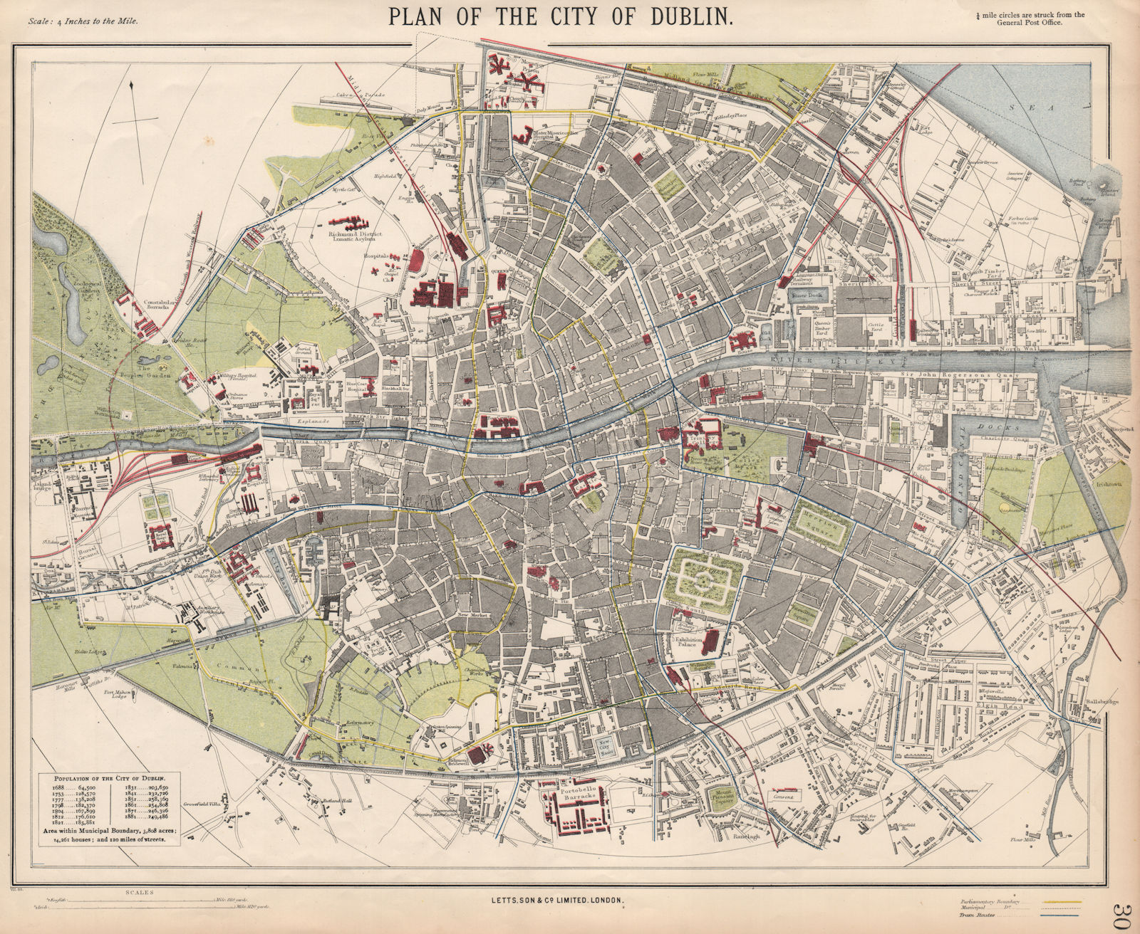 DUBLIN antique town city map plan. Railways tram routes stations. LETTS 1889