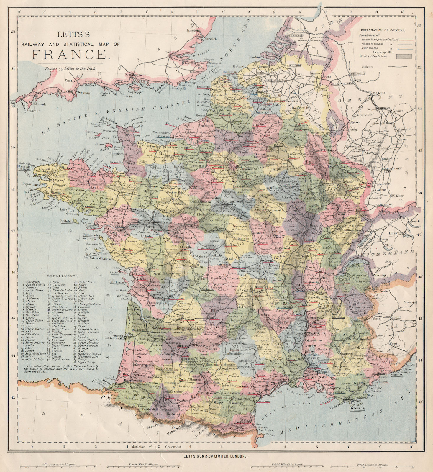 FRANCE. Railways. Wine-growing regions are shaded. LETTS 1889 old antique map