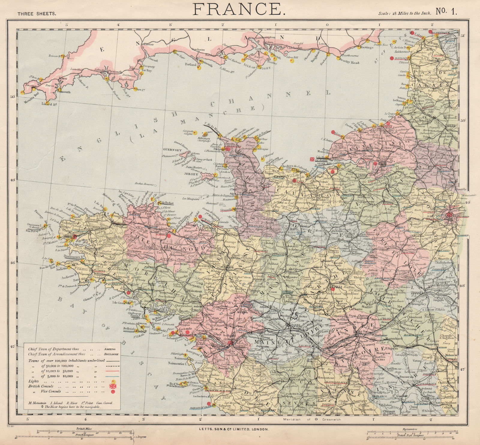 Associate Product NW FRANCE. Britanny Normandy Loire. Lighthouses British Consuls. LETTS 1889 map