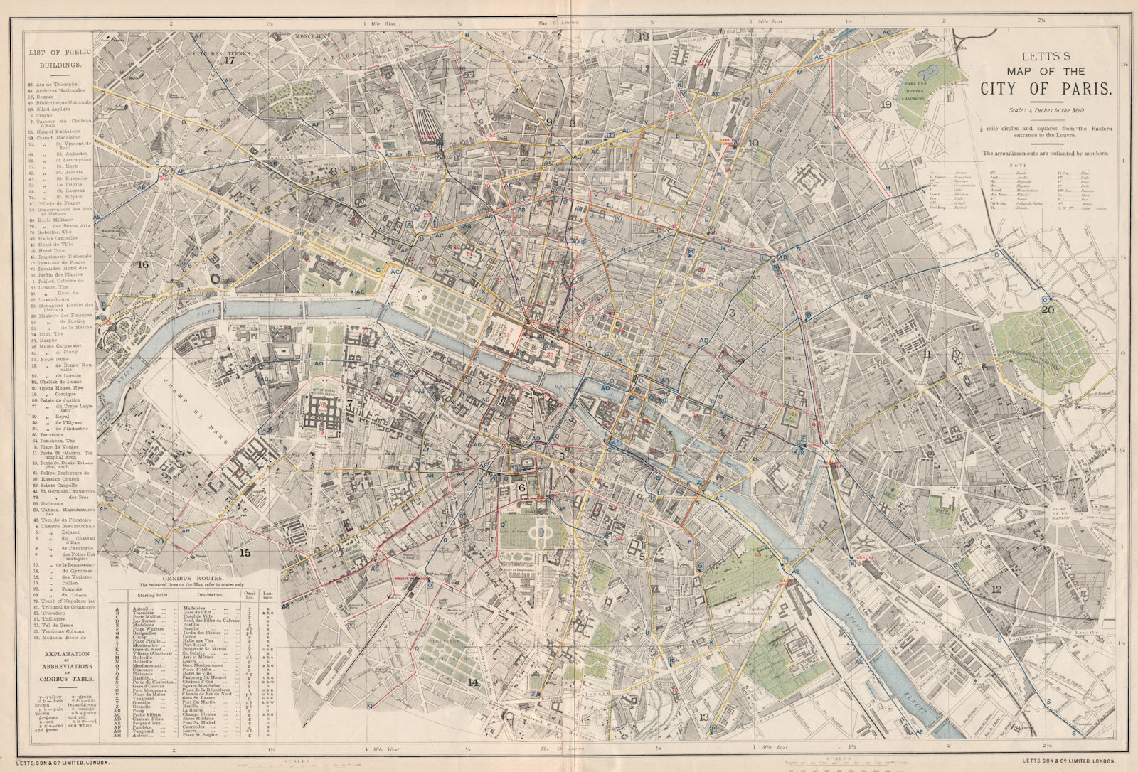 Associate Product PARIS antique town city map plan. Omnibus routes. LARGE. LETTS 1889 old