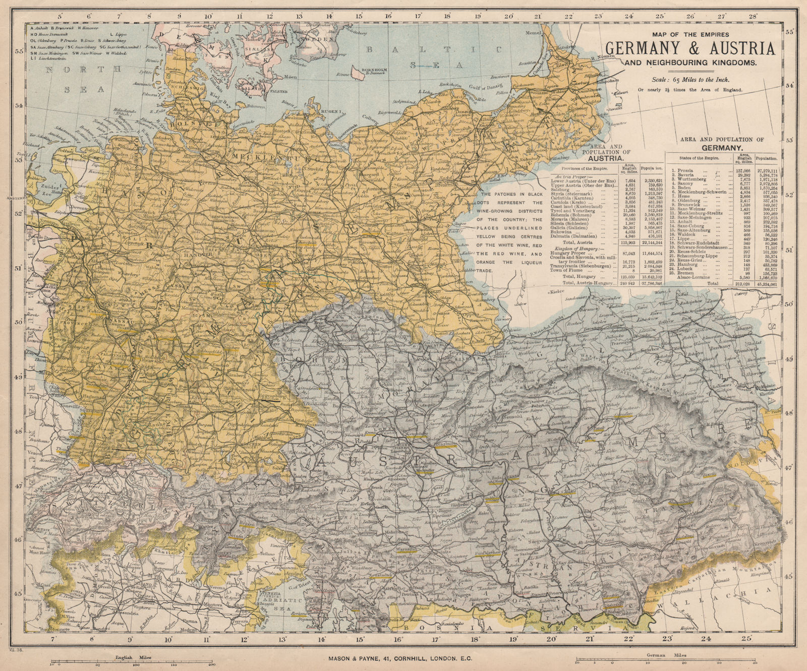 GERMANY & AUSTRIA-HUNGARY. Red & white wine growing regions. LETTS 1889 map