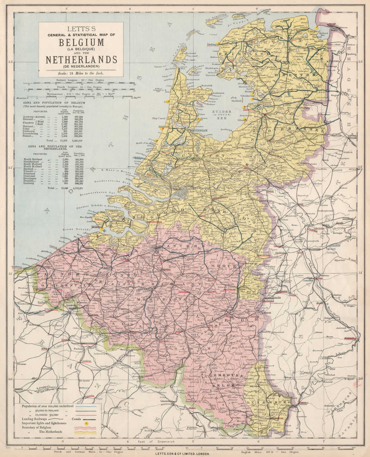 BENELUX. Netherland Belgium & Luxembourg. Lighthouses canals. LETTS 1889 map