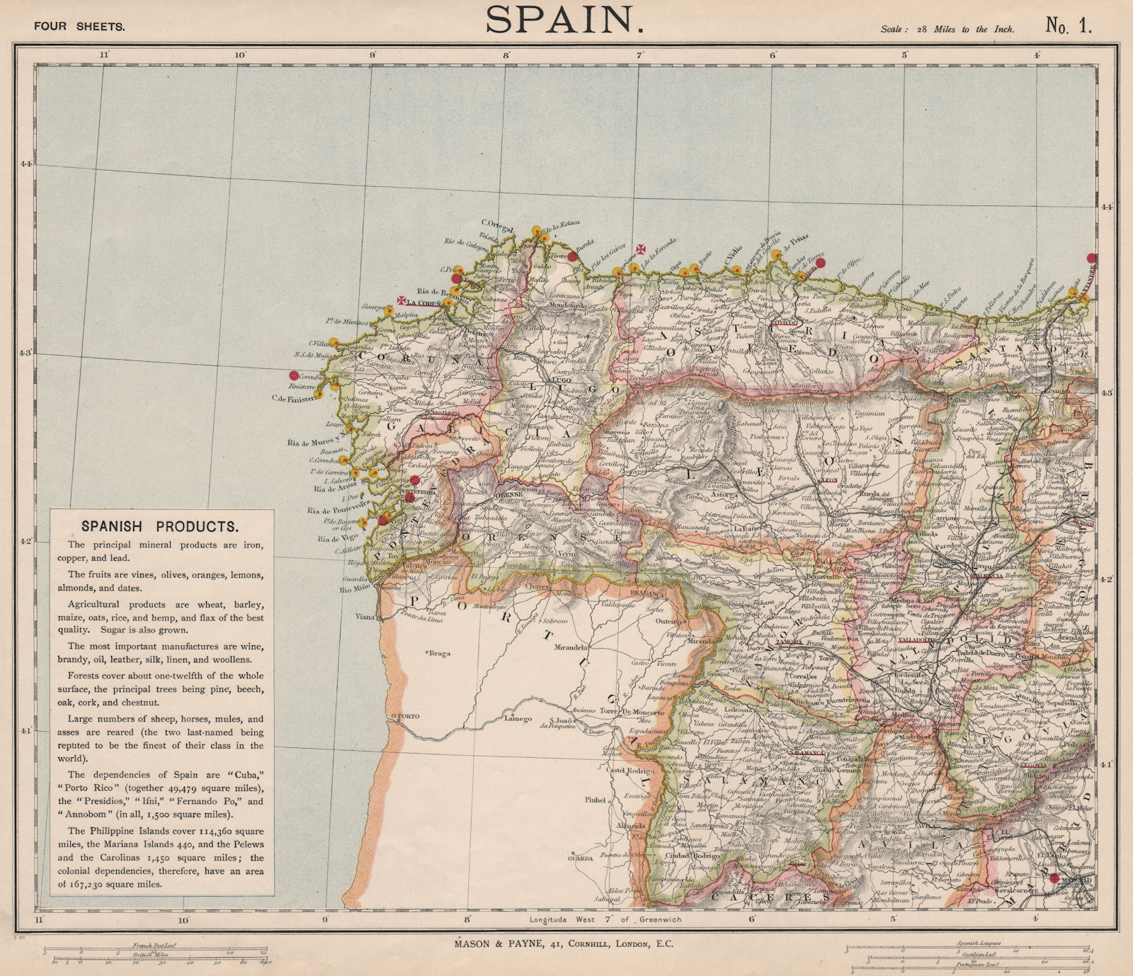 NORTHWEST SPAIN Railways & lighthouses. Galicia Leon Asturias. LETTS 1889 map
