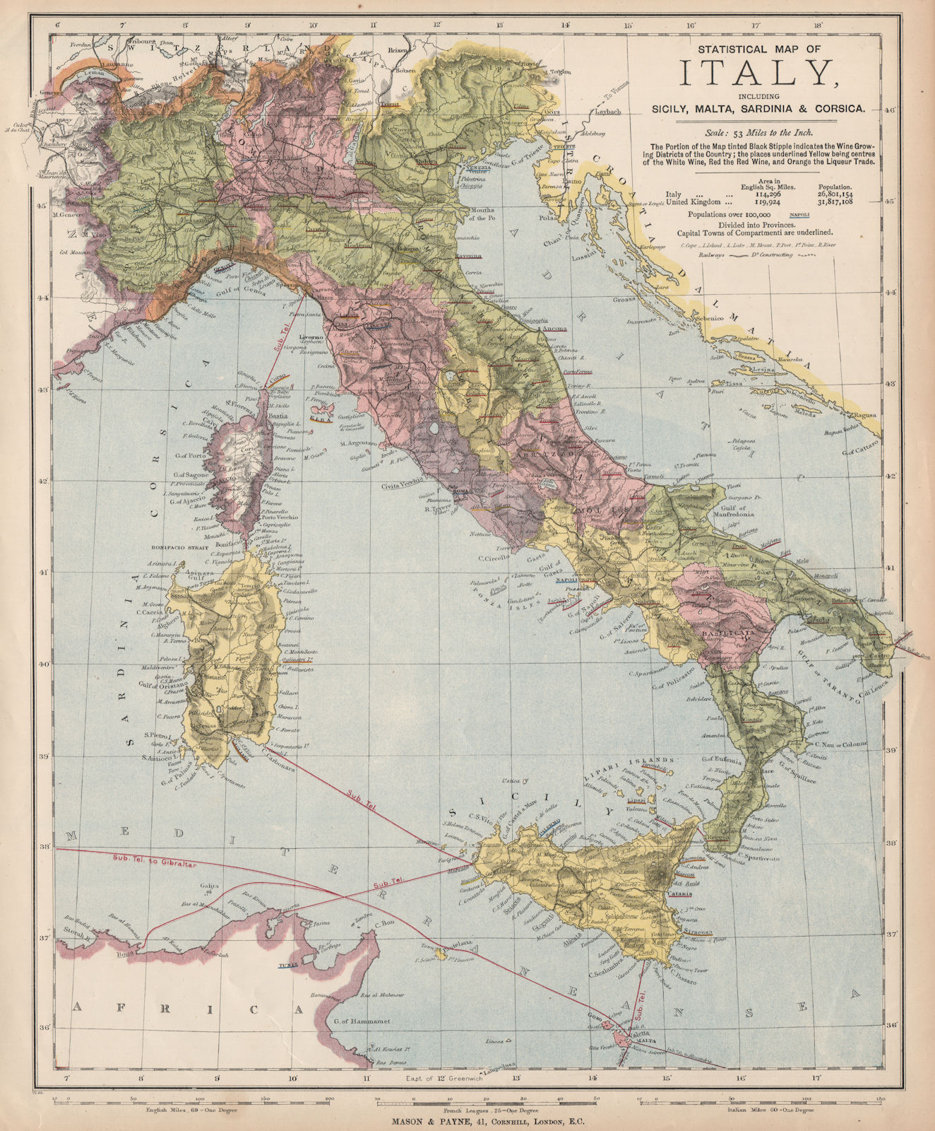 ITALY showing red & white wine, & liqueur growing districts. LETTS 1889 map