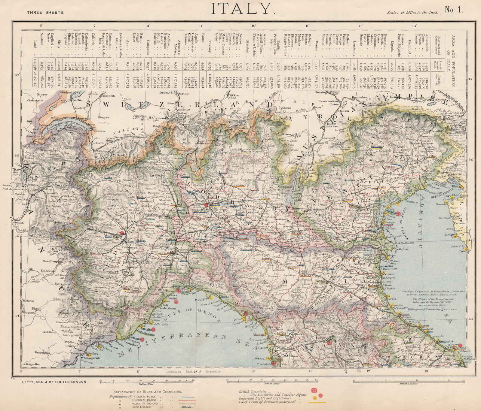 NORTHERN ITALY. Lombardy Piedmont British consulates Lighthouses. LETTS 1889 map