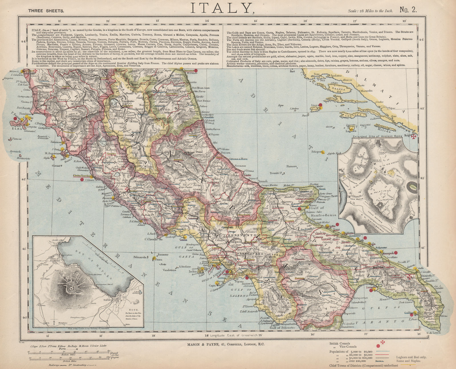 CENTRAL ITALY. Campania Umbria. British consulates Lighthouses. LETTS 1889 map