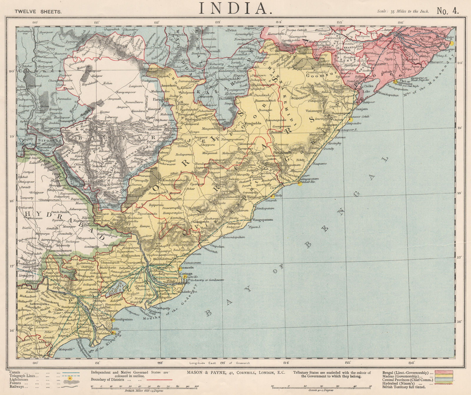 EASTERN BRITISH INDIA. Cicars Orissa. Godavery mouths. Railways. LETTS 1889 map