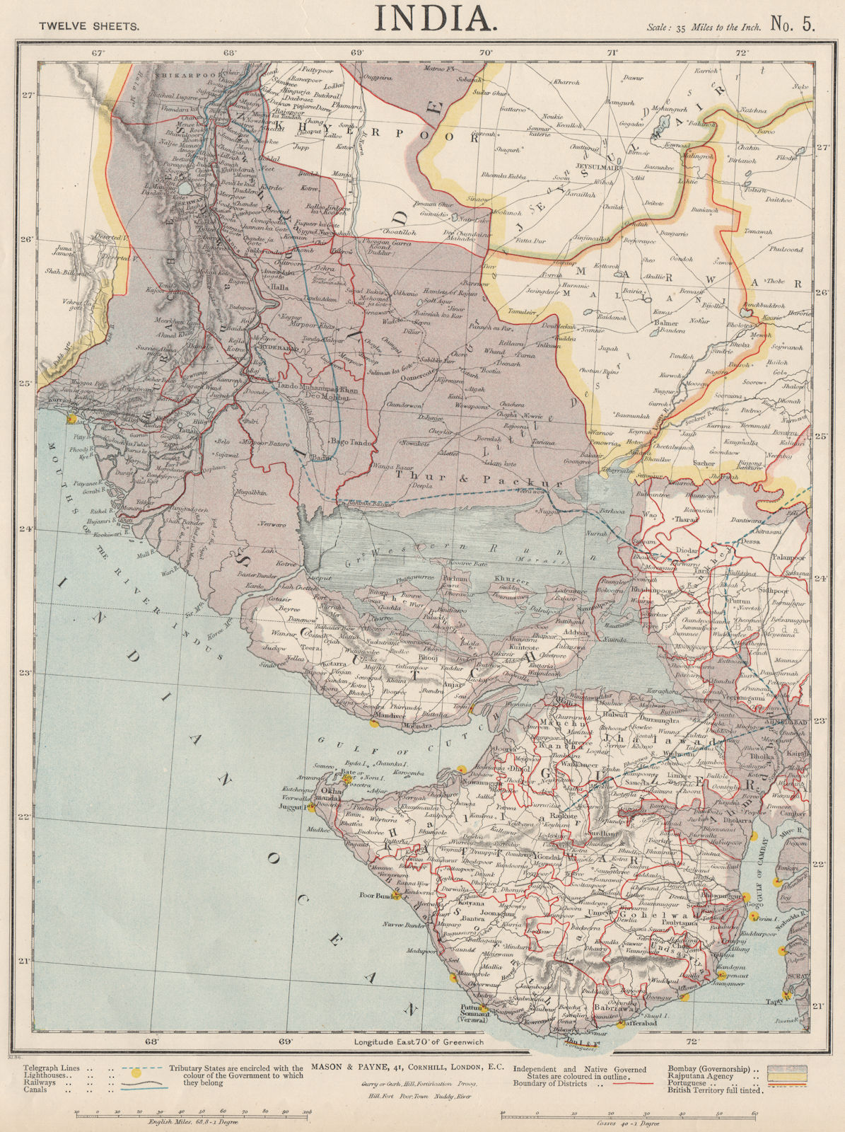 NW INDIA & S PAKISTAN. Sindh Gujarat Karachi Hyderabad. Railways. LETTS 1889 map