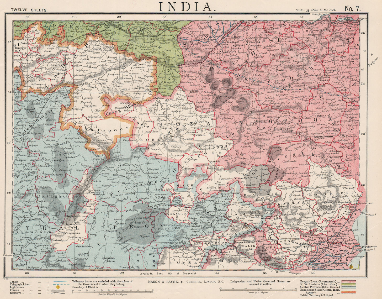 CENTRAL BRITISH INDIA Bengal Central Provinces Bandelkand. Railways 1889 map