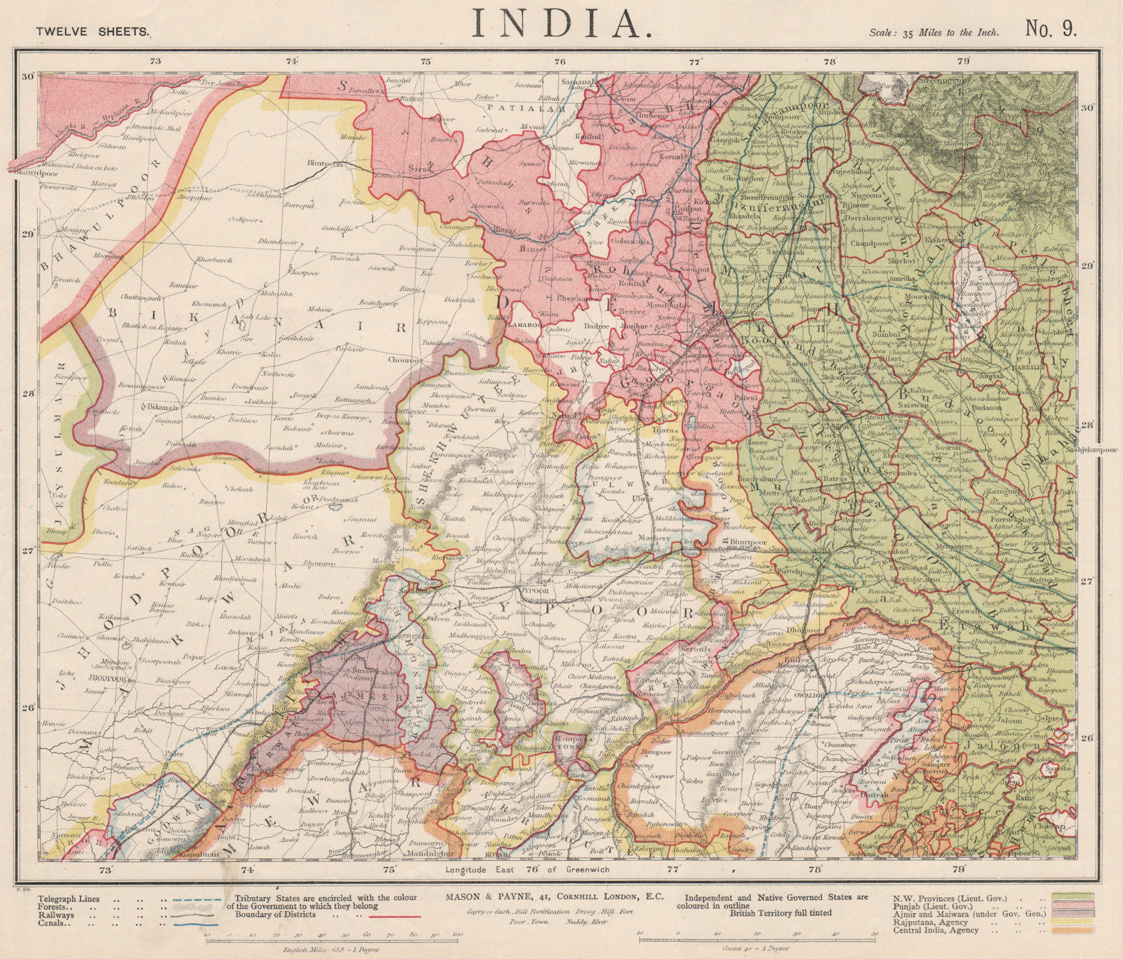 RAJASTHAN British India Delhi Jaipur Jodhpur Ajmer Agra. Railways LETTS 1889 map