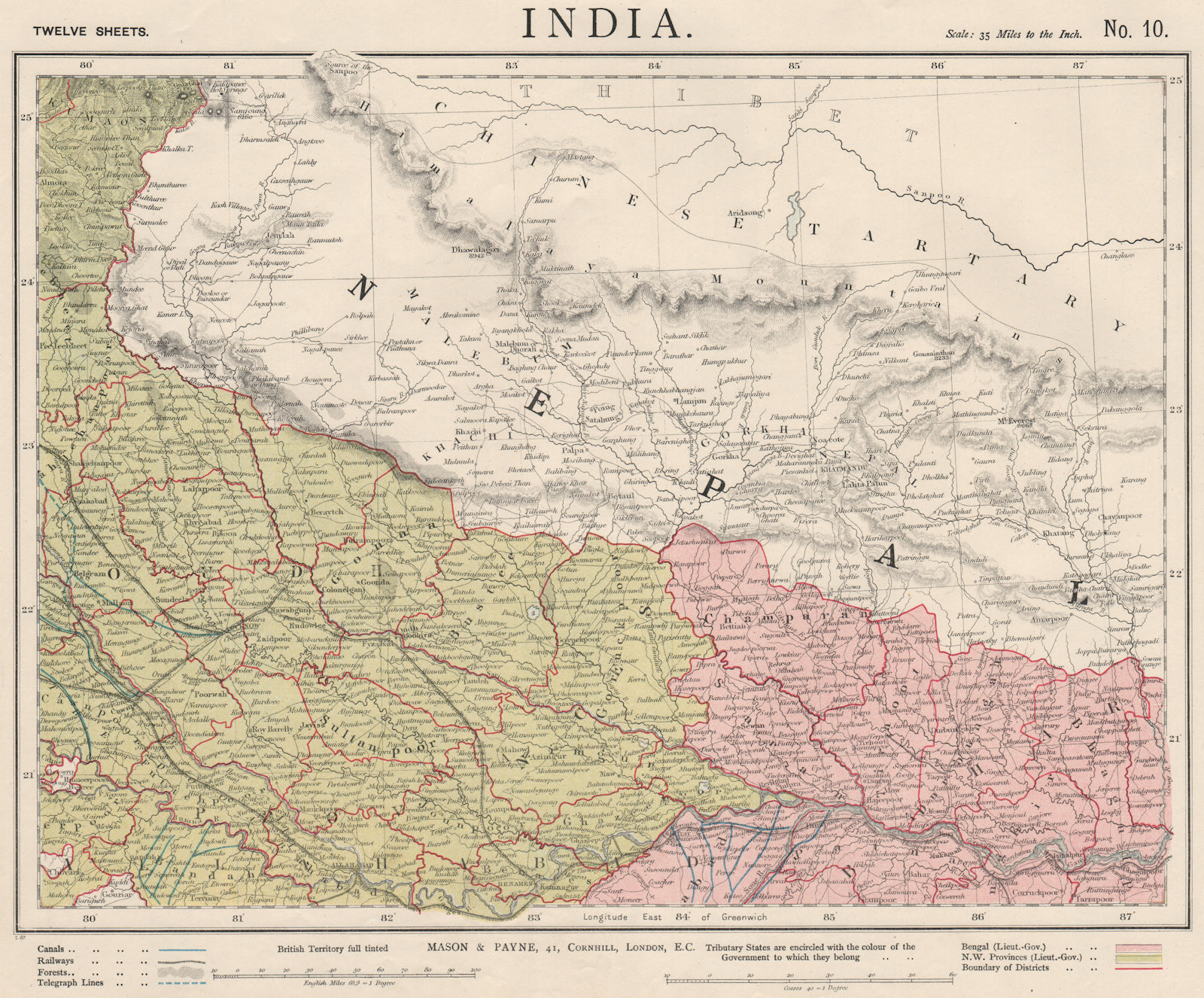 NEPAL & NORTHERN INDIA. Ganges Lucknow Kanpur Varanasi. Railways. LETTS 1889 map