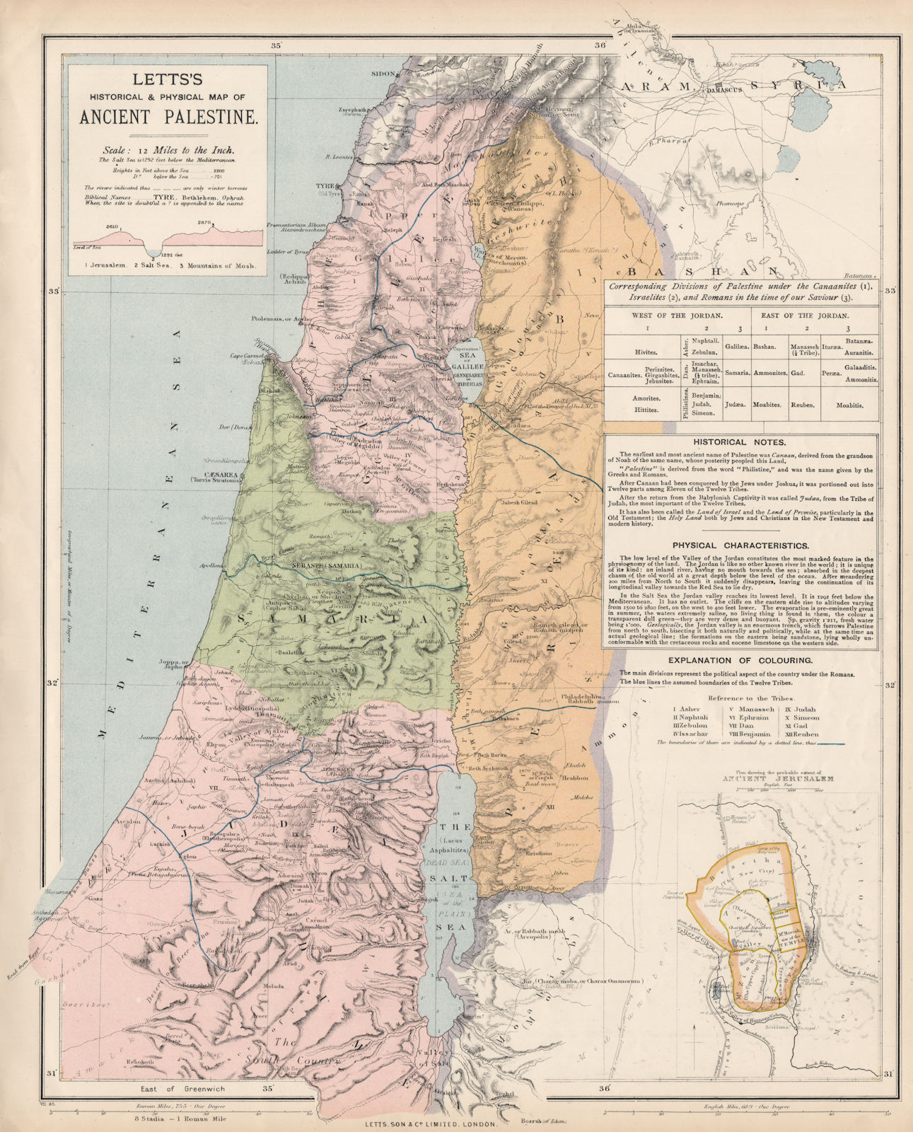 Associate Product ANCIENT PALESTINE Samaria Galilee Pera Judaea. Ancient Jerusalem. LETTS 1889 map