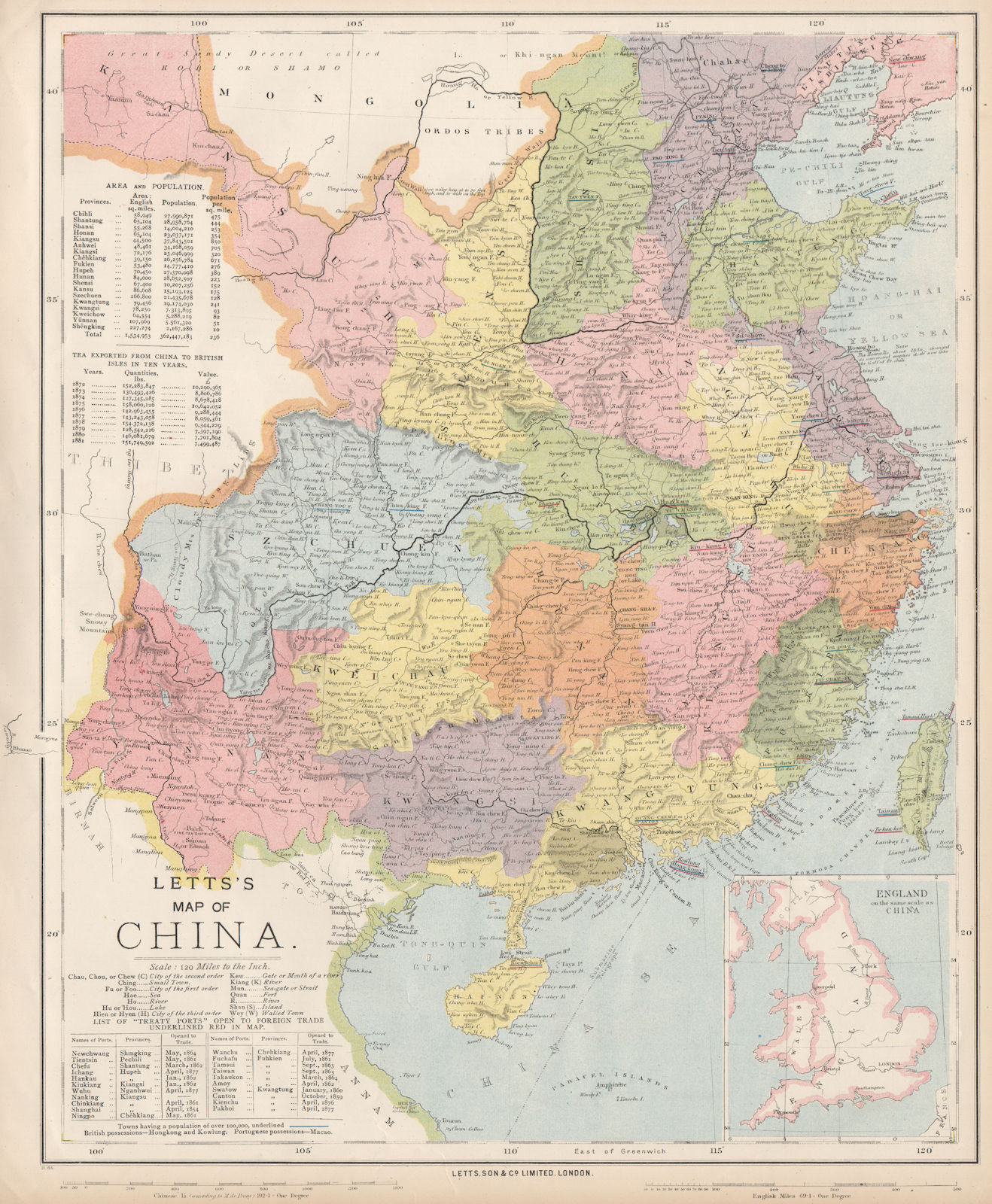 CHINA. Provinces, treaty ports, tea growing districts & exports. LETTS 1889 map