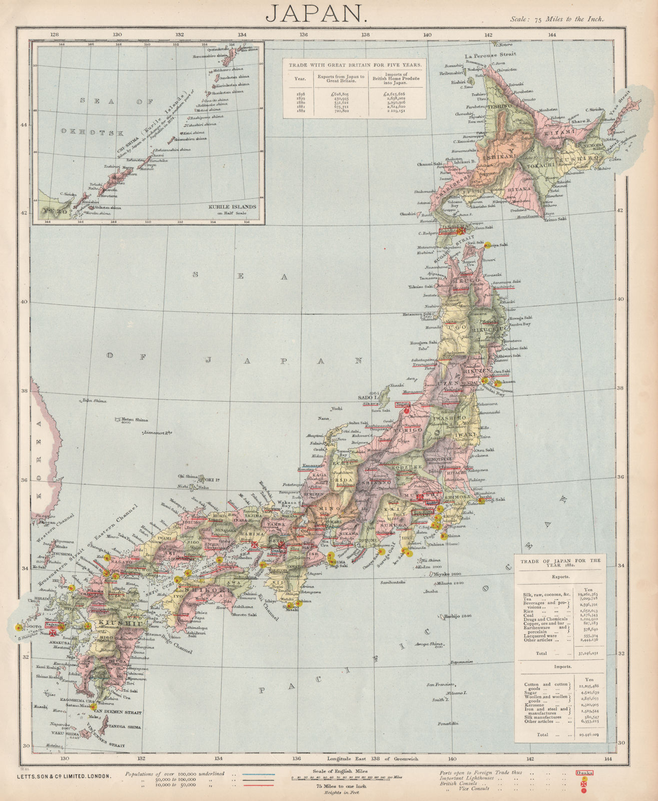JAPAN. Ports open to foreign trade, lighthouses, British Consuls. LETTS 1889 map