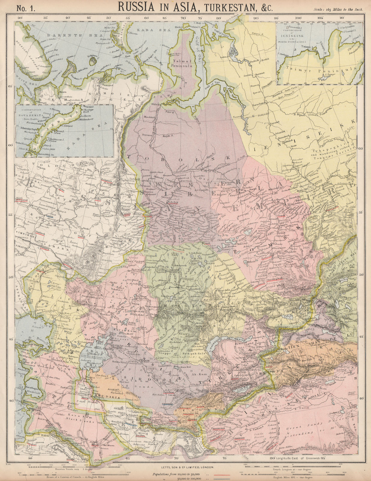 CENTRAL ASIA. Bokhara Russian Turkestan Tomsk Great Horde Turgan. LETTS 1889 map