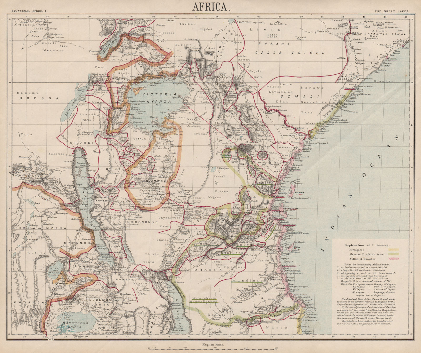 EAST AFRICAN GREAT LAKES. German/Portuguese Tanzania Zanzibar. LETTS 1889 map