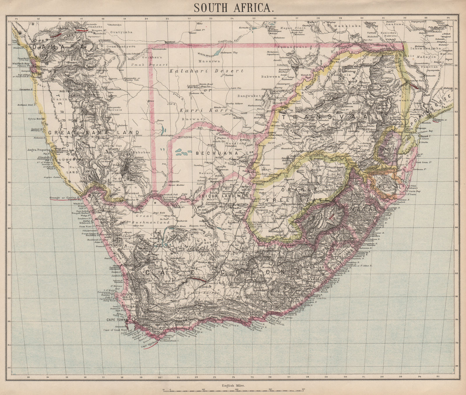 SOUTH AFRICA. Cape Colony Orange Free State Transvaal Nama Land. LETTS 1889 map