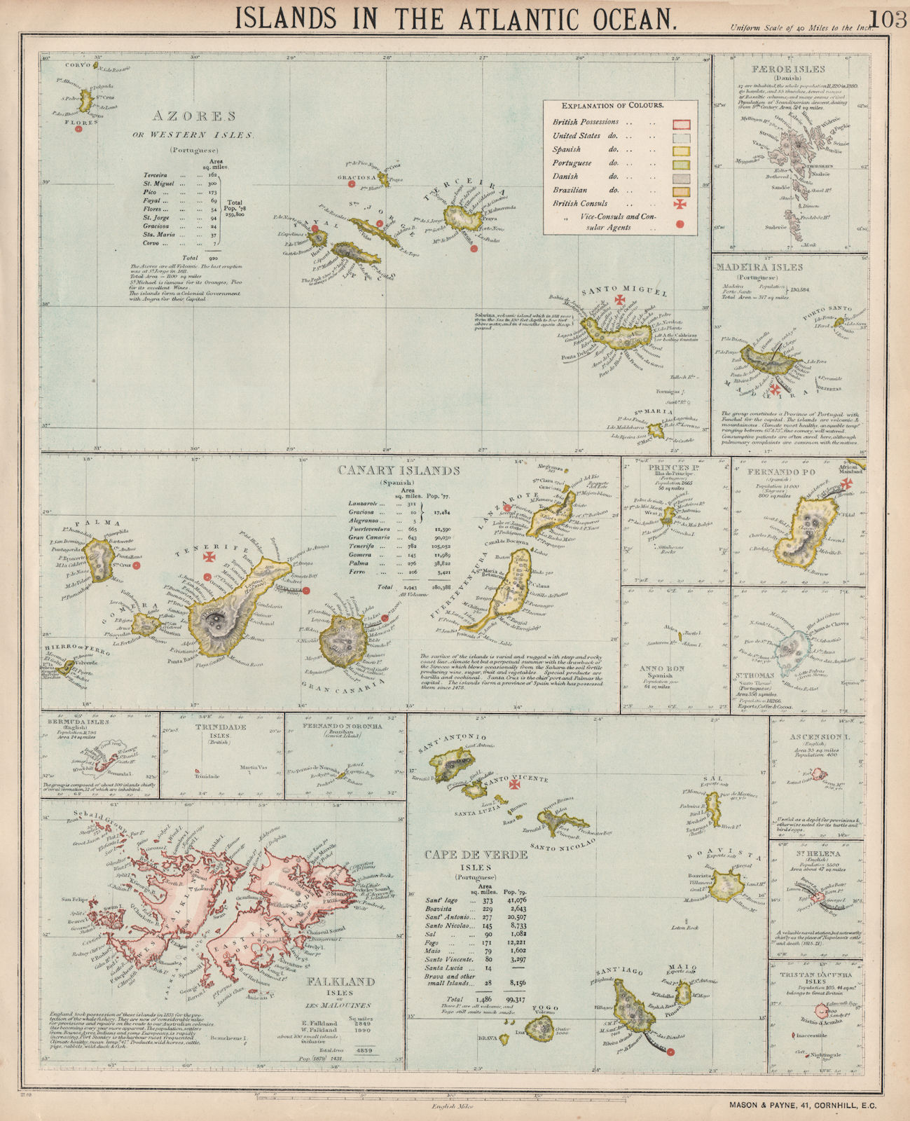 ATLANTIC ISLANDS. Azores Madeira Canary Cape Verde Falklands. LETTS 1889 map