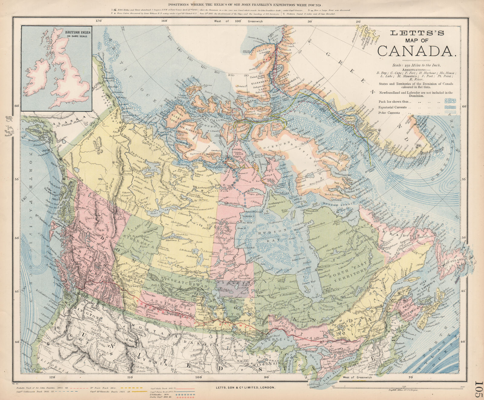 Associate Product CANADA. Canadian Pacific Railway. Arctic explorers' routes. LETTS 1889 old map