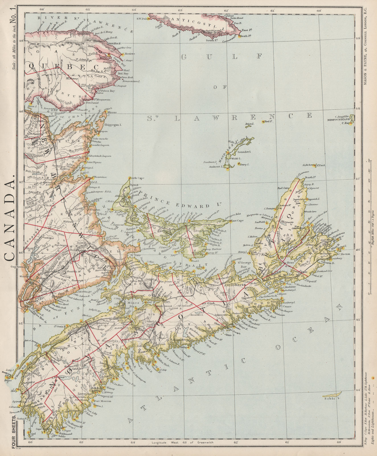 NOVA SCOTIA New Brunswick Prince Edward's Island. Lighthouses. LETTS 1889 map