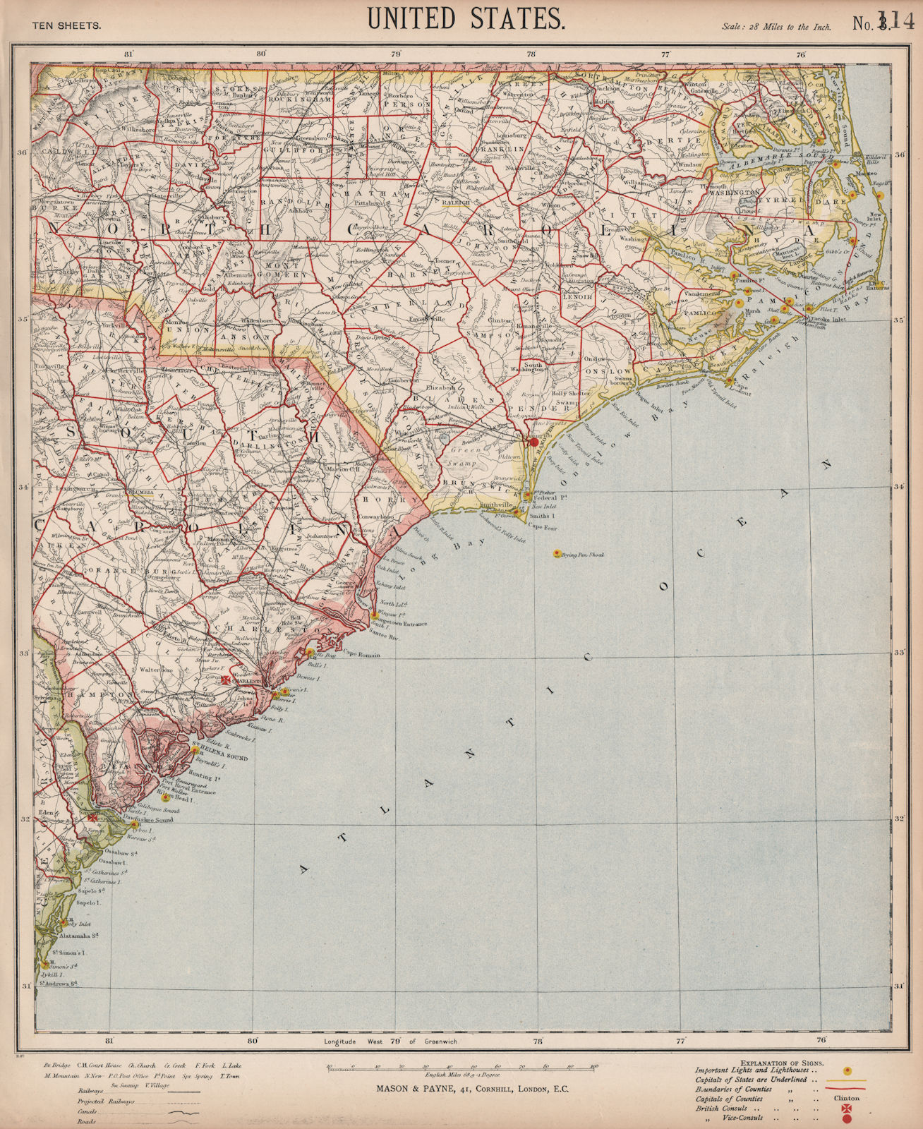 North & South Carolina coast. Lighthouses railroads Cape Hatteras LETTS 1889 map