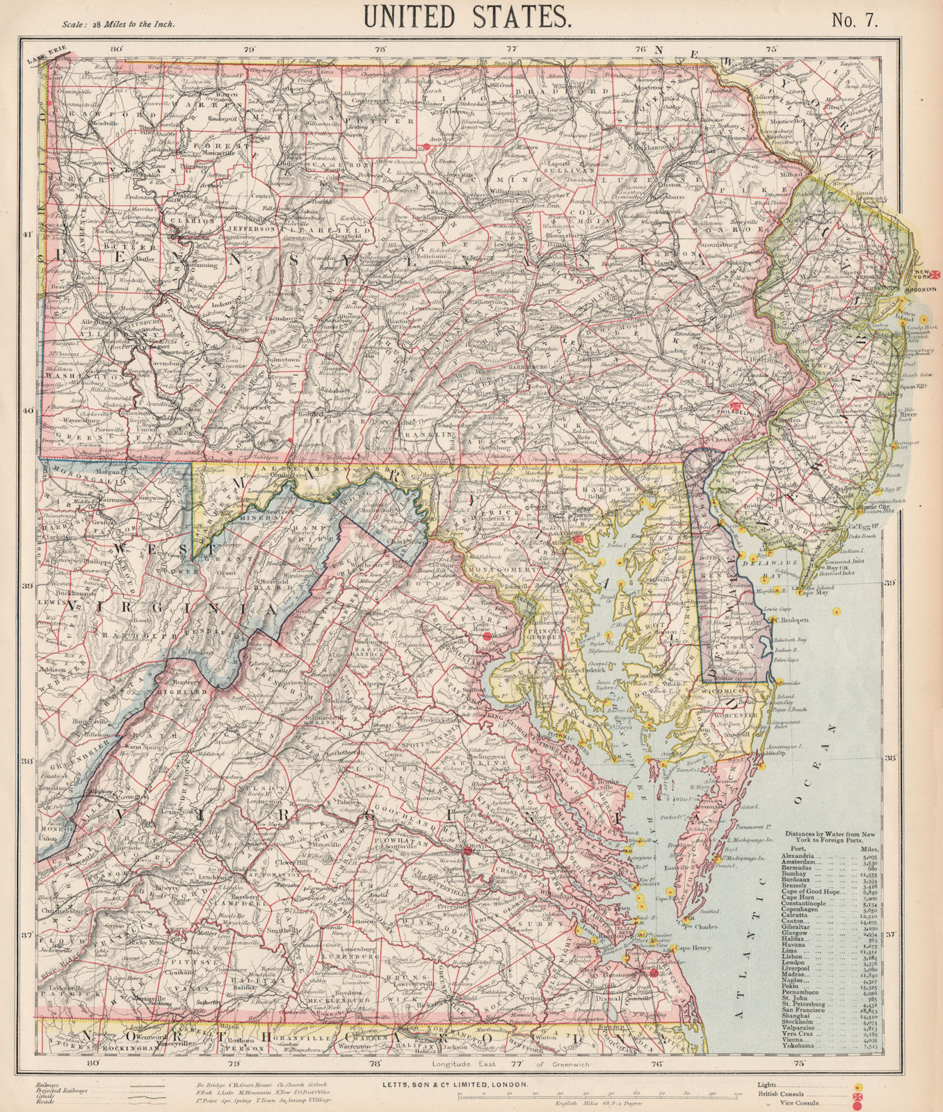 MID-ATLANTIC STATES. Pennsylvania NJ Maryland Delaware Virginia. LETTS 1889 map