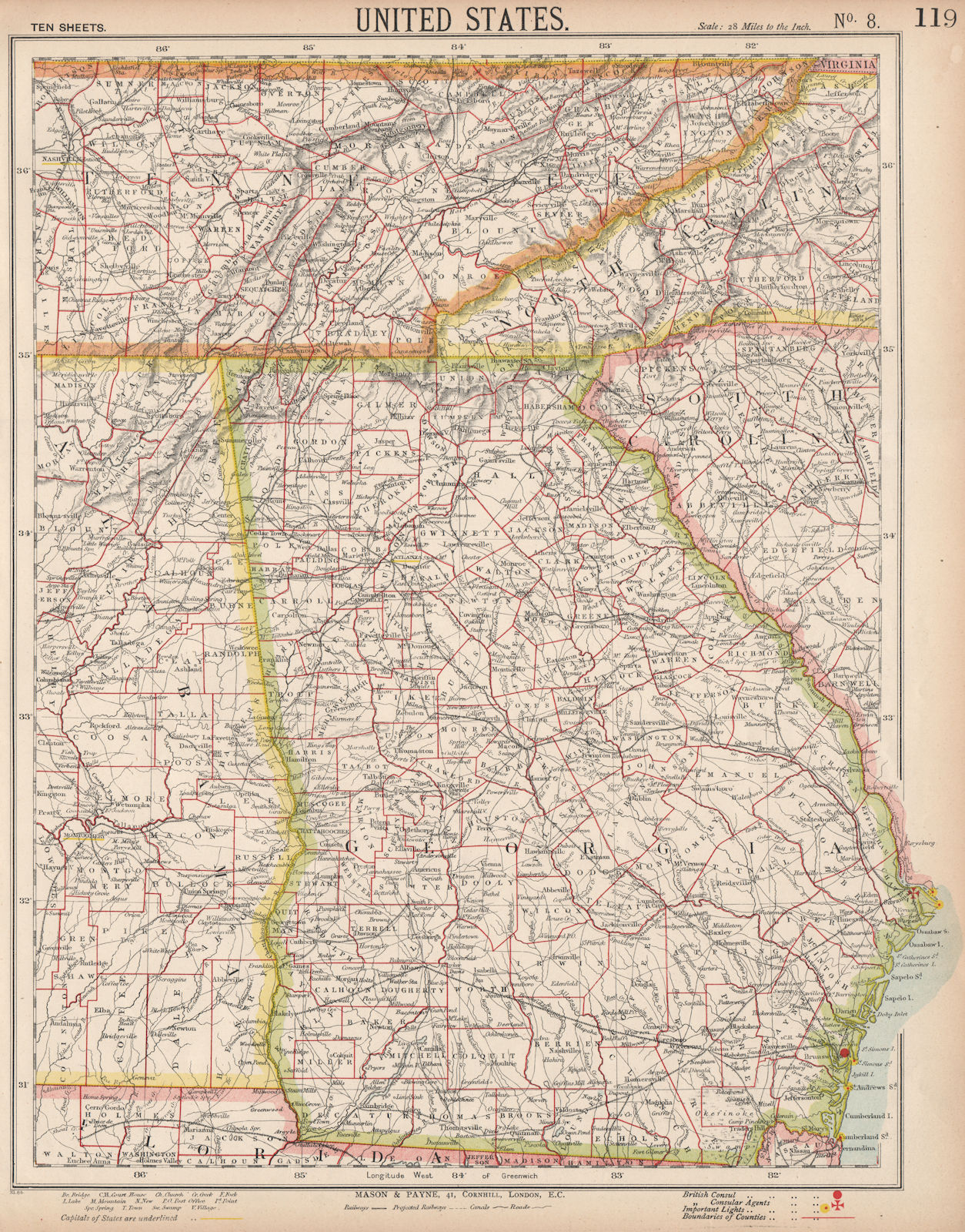 Associate Product GEORGIA & Southern Appalachia. Alabama Tennessee NC SC Railroads. LETTS 1889 map