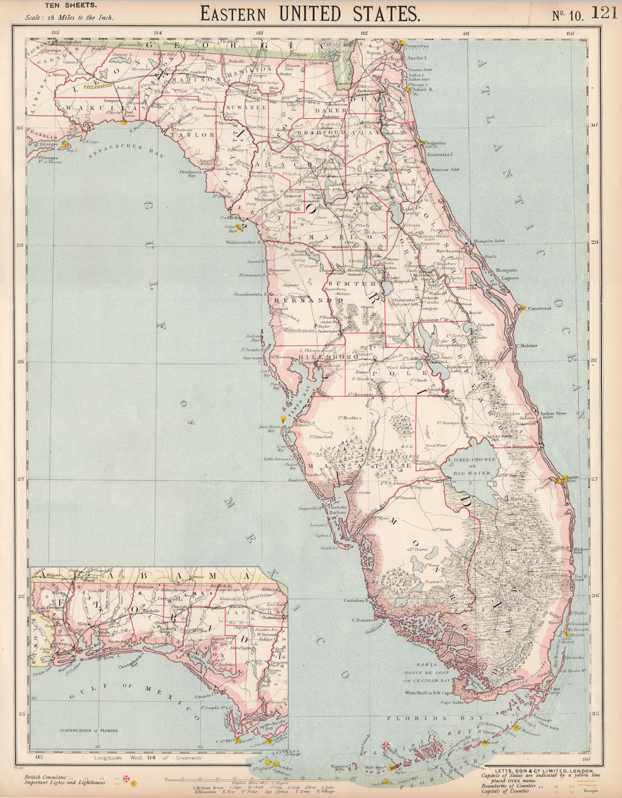FLORIDA showing railroads lighthouses forts. Miami Tampa. LETTS 1889 old map